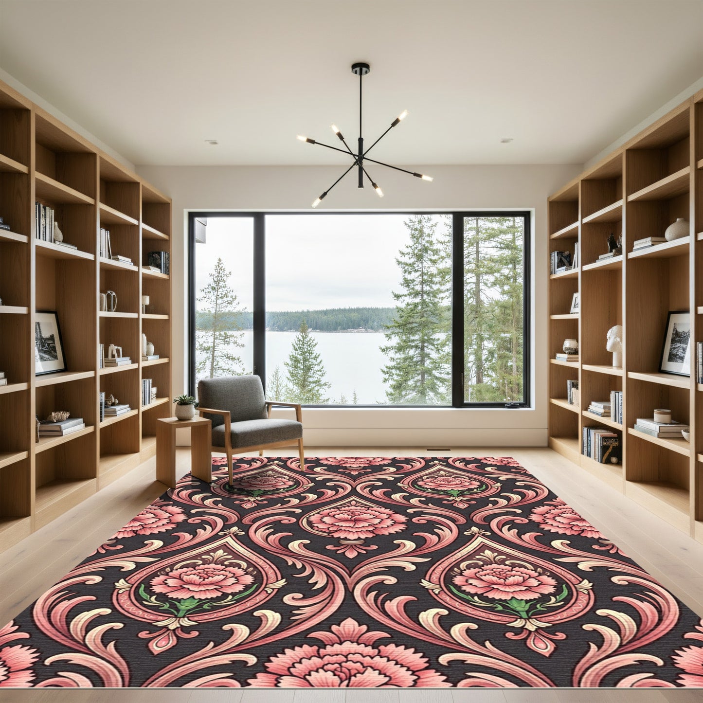 Pink Floral Damask Scroll Work Rug