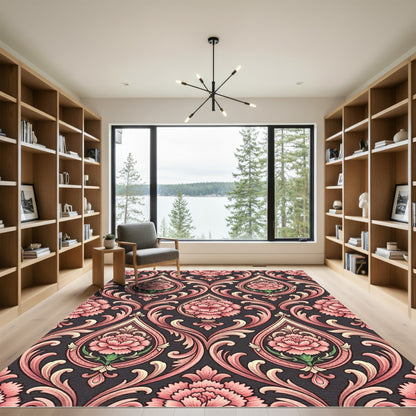 Pink Floral Damask Scroll Work Rug