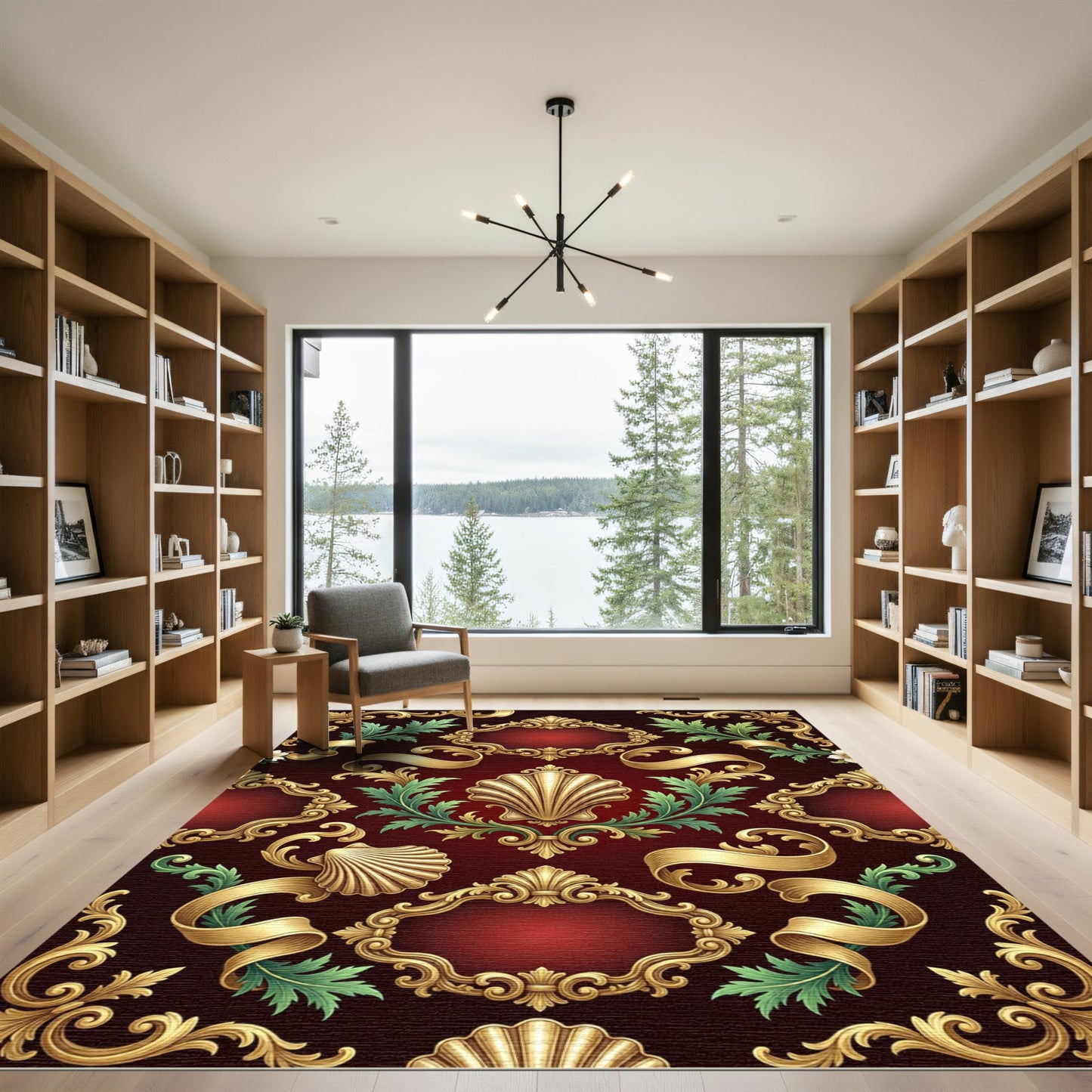 Crimson Gold Baroque Shell Frame Rug