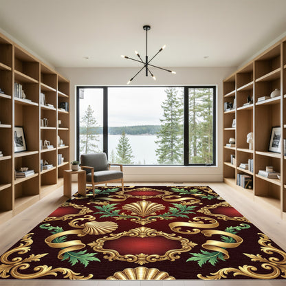 Crimson Gold Baroque Shell Frame Rug
