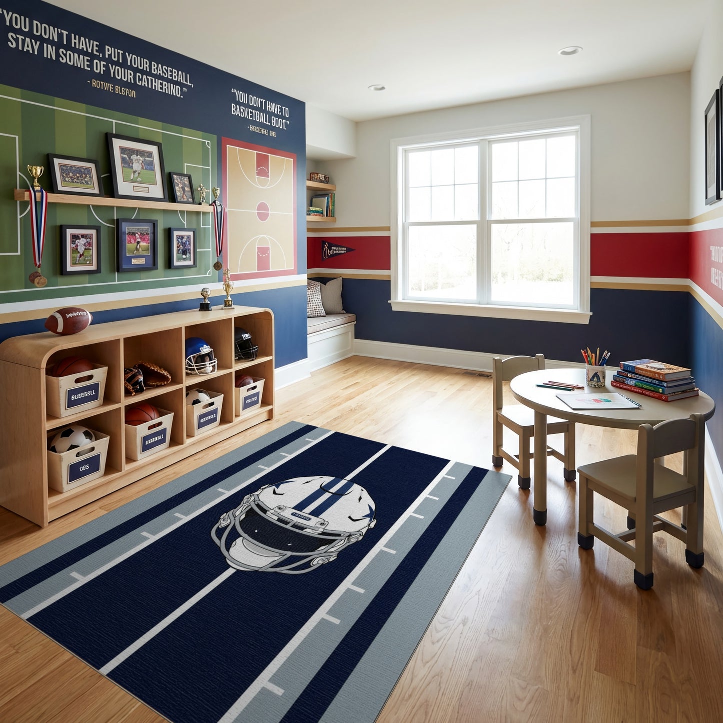 Navy White Striped Football Helmet Rug