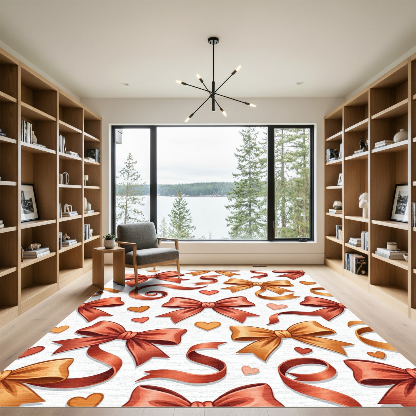 Charming Copper Ribbon and Heart Illustration Rug