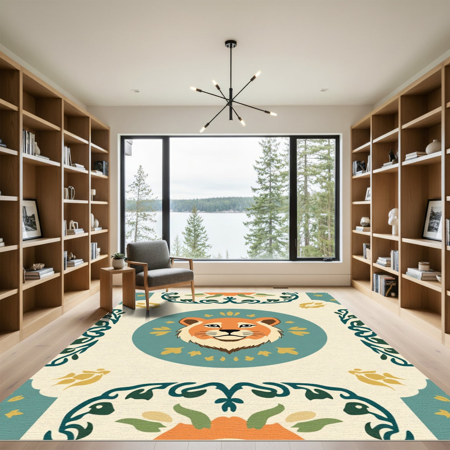 Orange Lion Medallion Aqua Floral Borders Rug