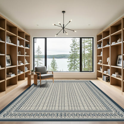 Neutral Gray Geometric Bordered Field Rug