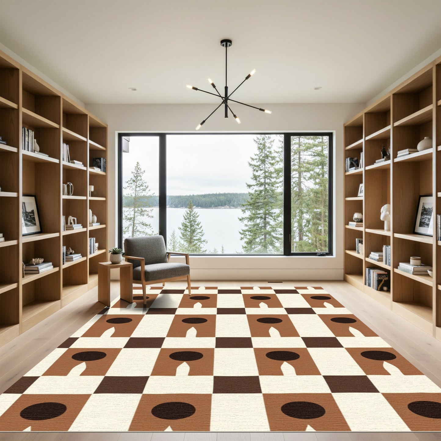 Brown Ivory Checkerboard Abstract Figures Rug