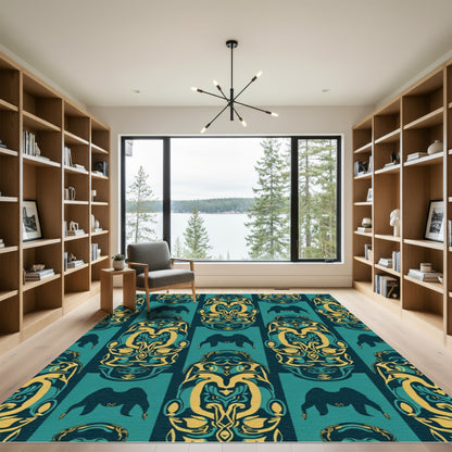 Majestic Teal Gold Tribal Mask Rug