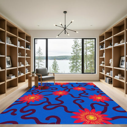 Crimson Flower Swirl on Cobalt Field Rug