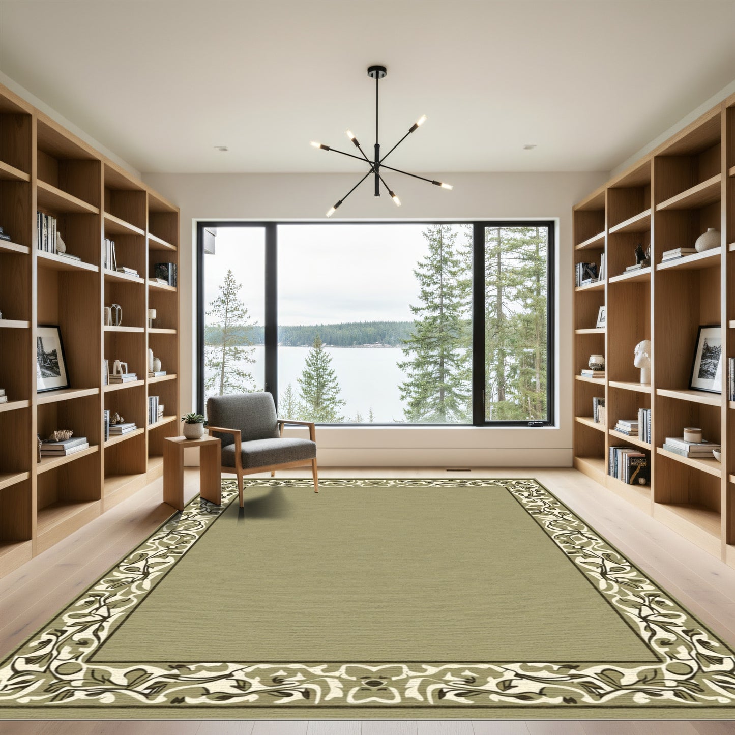 Olive Green Botanical Border Design Rug