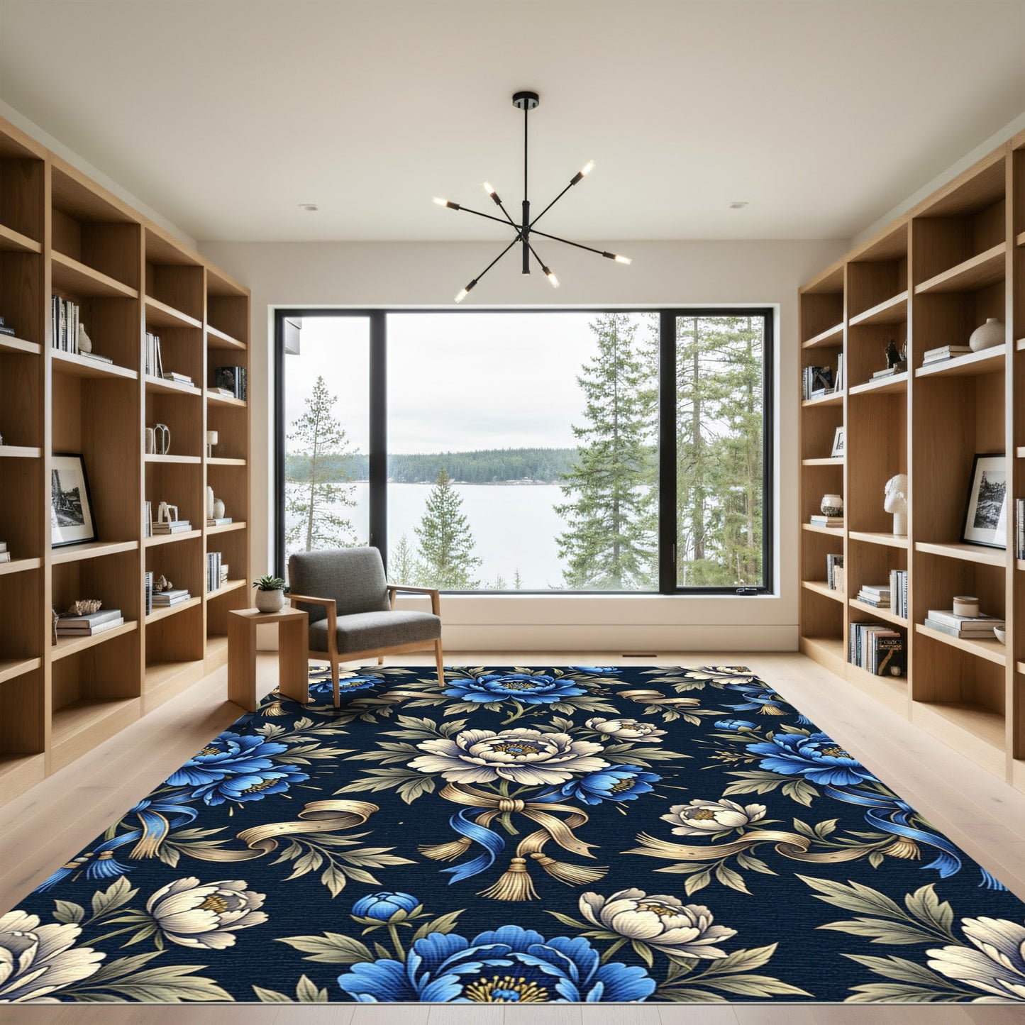 Blue Peony Botanical Ribbon Arrangement Rug