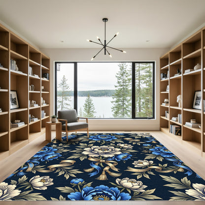 Blue Peony Botanical Ribbon Arrangement Rug
