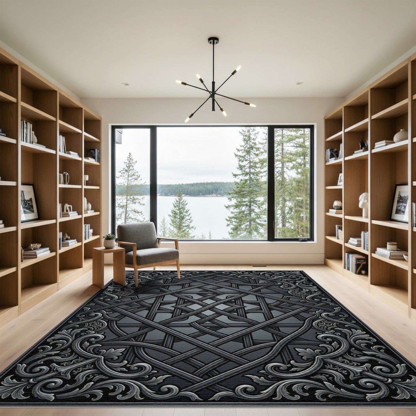 Ornate Black Interlocking Scrollwork Rug