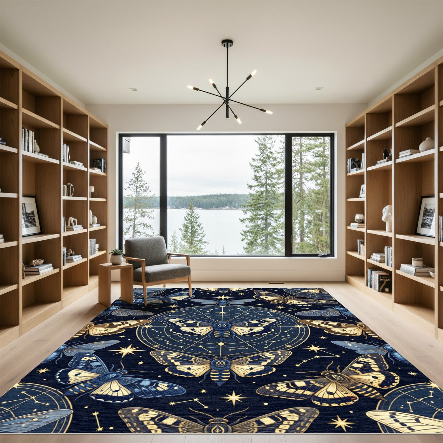 Celestial Gold and Navy Moth Tapestry Rug