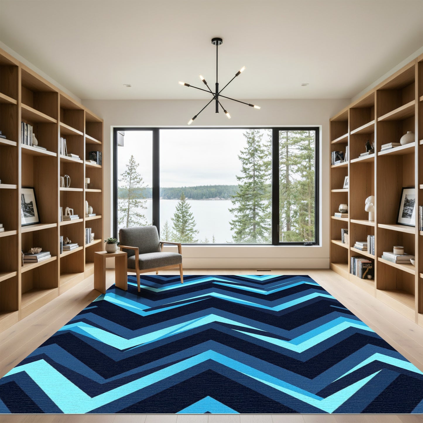Deep Blue Geometric Chevron Rug