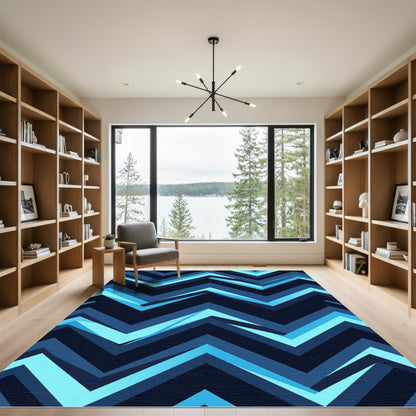 Deep Blue Geometric Chevron Rug