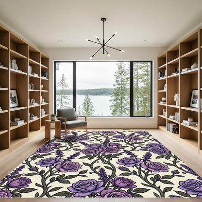 Elegant Purple Rose and Lavender Botanical Rug