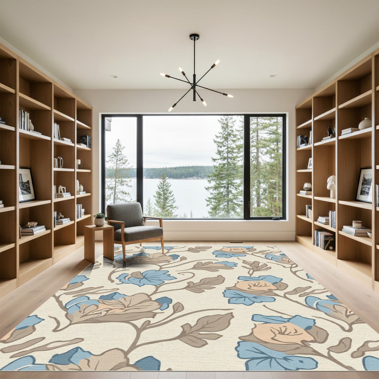 Soft Blue Beige Floral Vine Rug