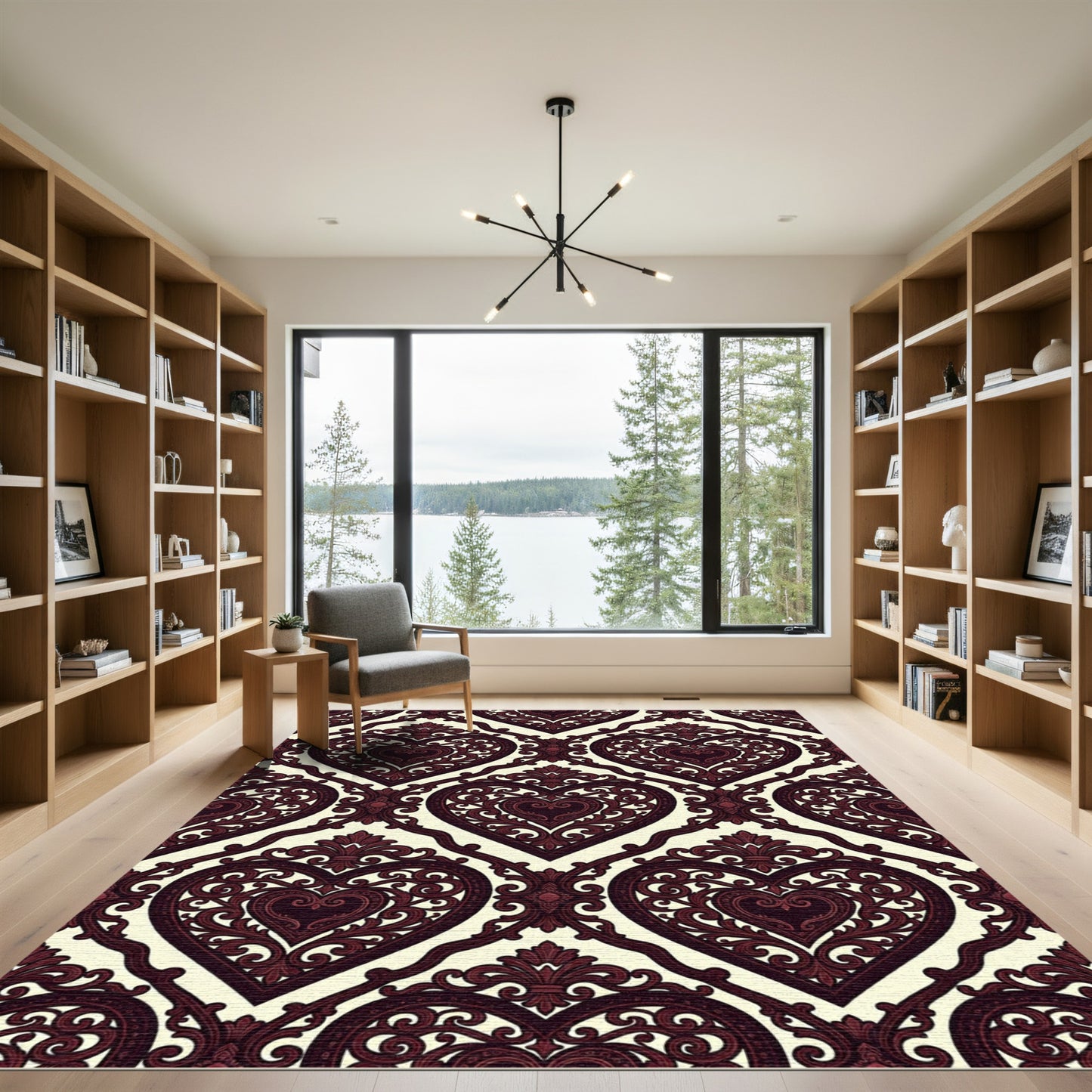Ornate Burgundy Heart Damask Rug