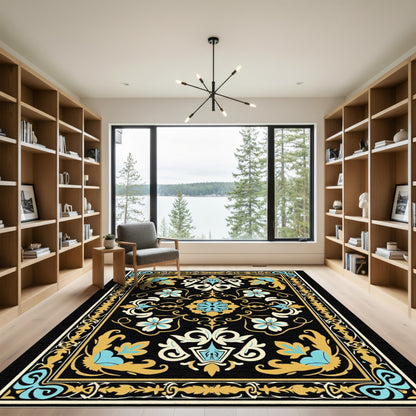 Ornate Black Gold Blue Floral Border Rug