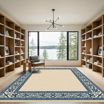 Dark Blue Floral Border Contemporary Rug