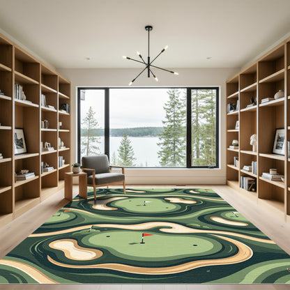 Earthy Green Abstract Golf Course Landscape Rug