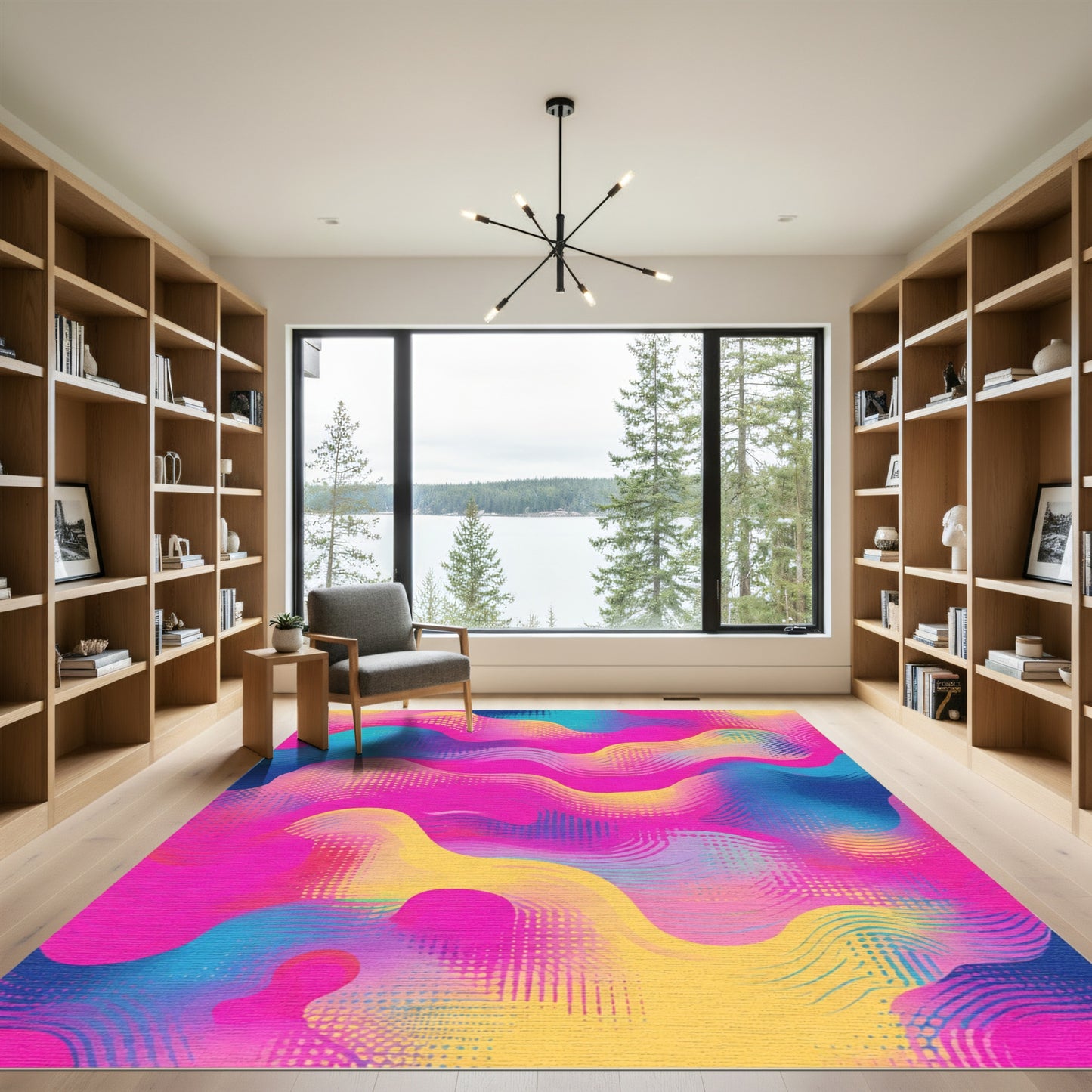 Vibrant Pink Yellow Blue Wave Abstraction Rug