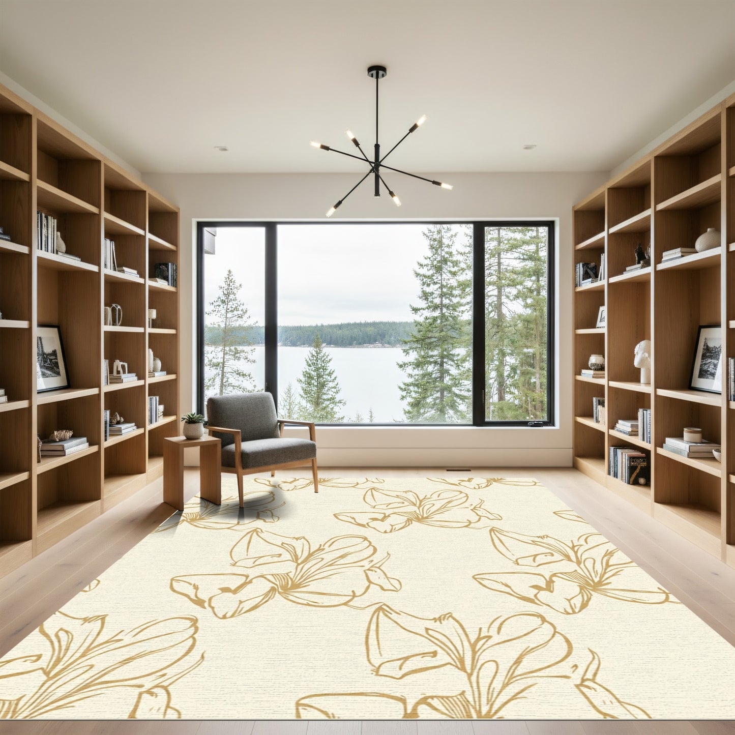 Cream Gold Sketch Floral Swirl Rug