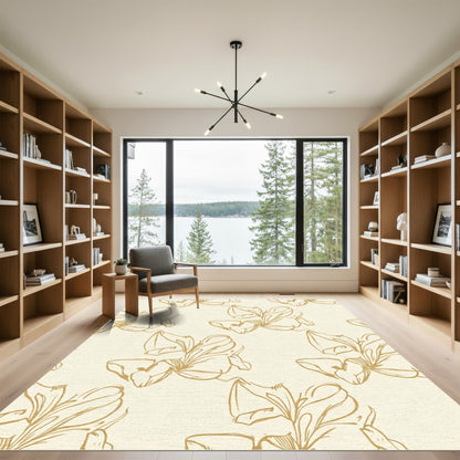 Cream Gold Sketch Floral Swirl Rug