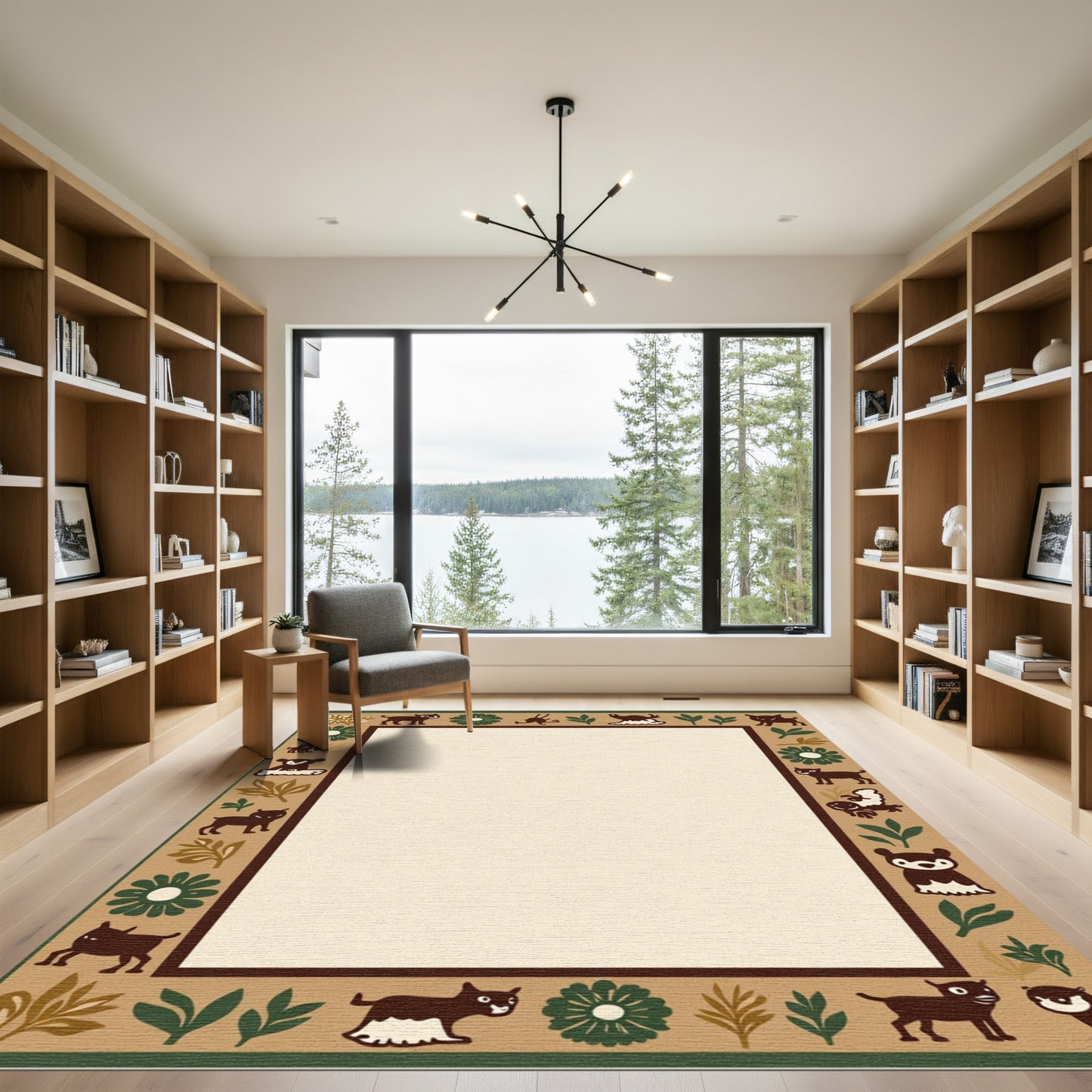 Whimsical Folk Art Creatures Floral Border Rug