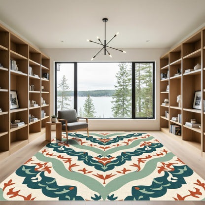 Deep Teal Tan Ornate Medallion Rug