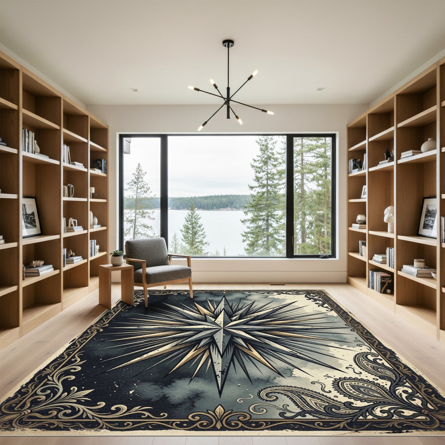 Celestial Midnight Compass Star Ink Art Rug