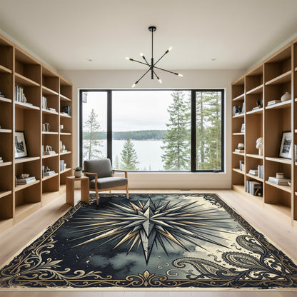 Celestial Midnight Compass Star Ink Art Rug