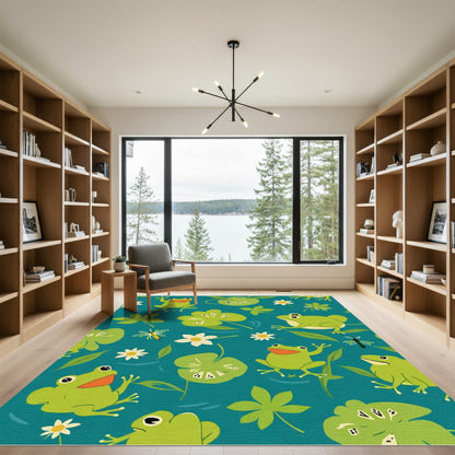Playful Green Frogs Pond Life Rug