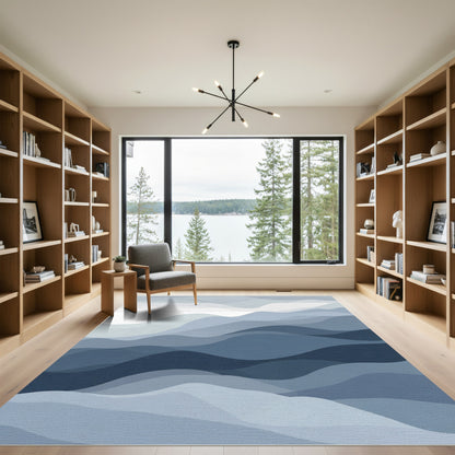 Deep Blue Wavy Layered Landscape Rug