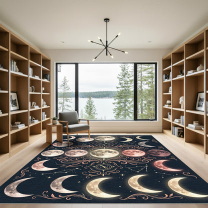Celestial Lunar Phases with Golden Scrolls Rug