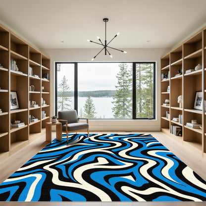 Bold Blue Cream Black Swirl Rug
