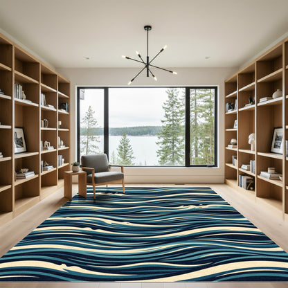 Flowing Ocean Wave Navy Cream Ripples Rug