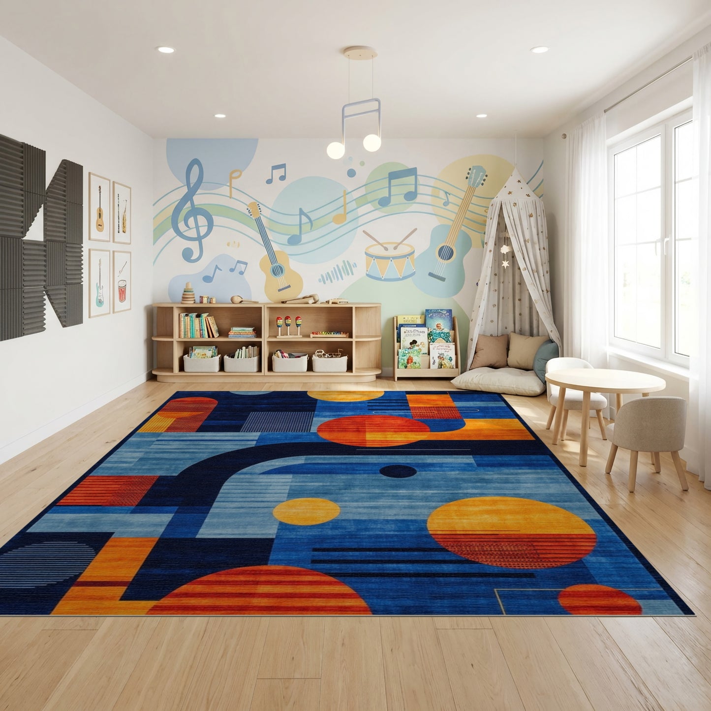Modern Navy Orange Geometric Circles Rug