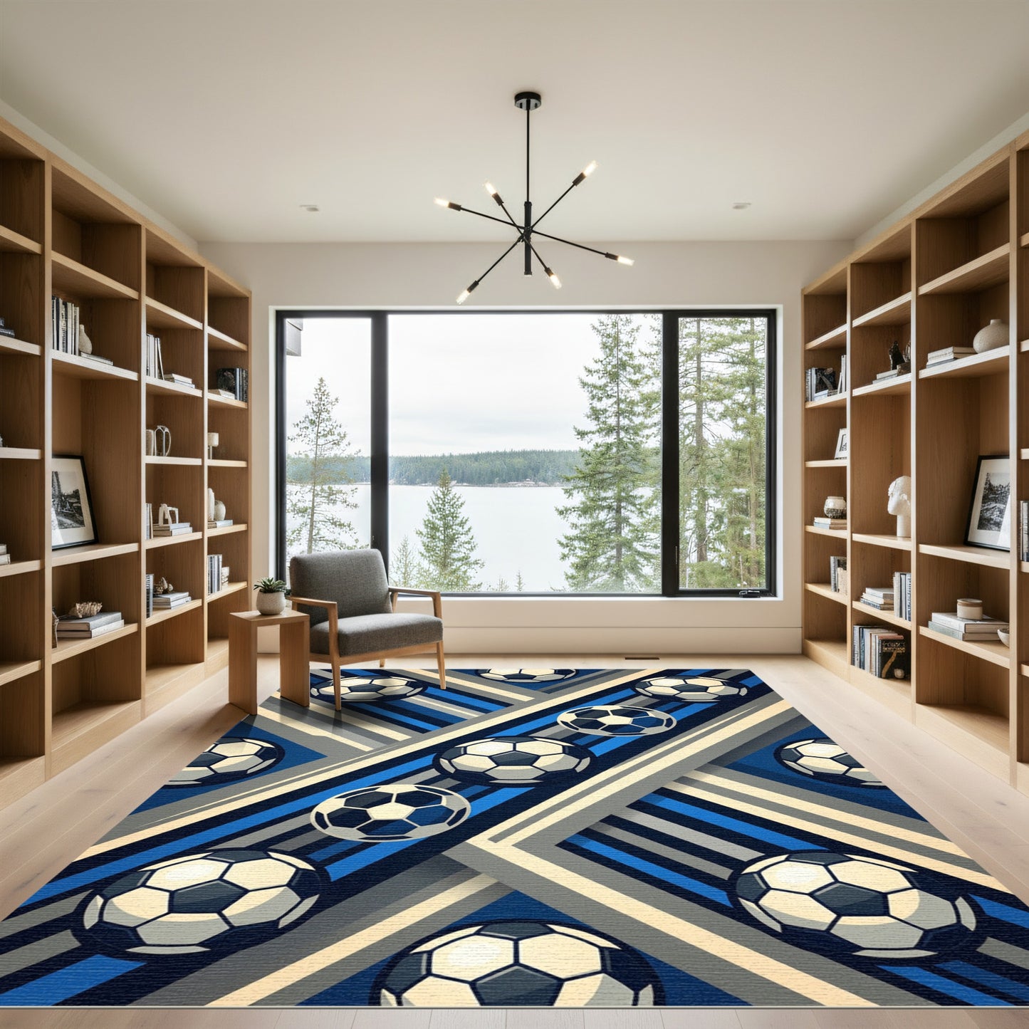 Dynamic Soccer Ball Blue Striped Graphic Rug