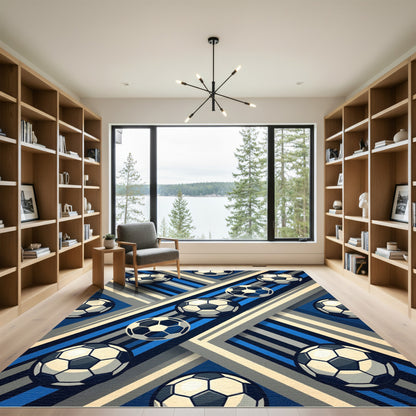 Dynamic Soccer Ball Blue Striped Graphic Rug