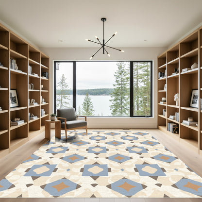 Geometric Blue Tan Diamond Squares Rug