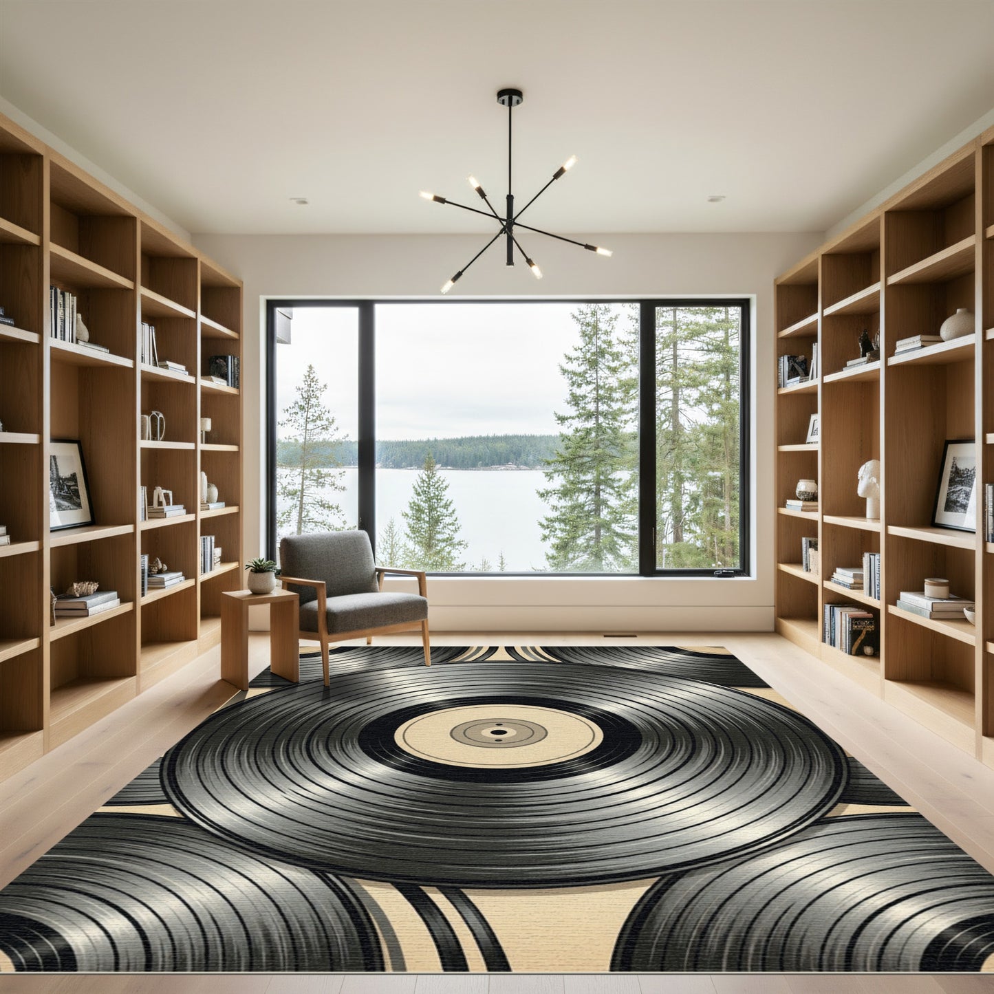 Retro Monochromatic Vinyl Record Circles Rug