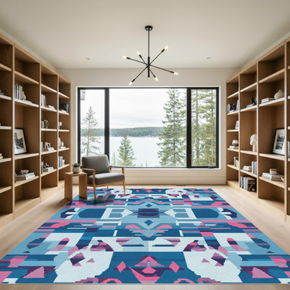 Abstract Blue Pink Geometric Diamond Loom Rug