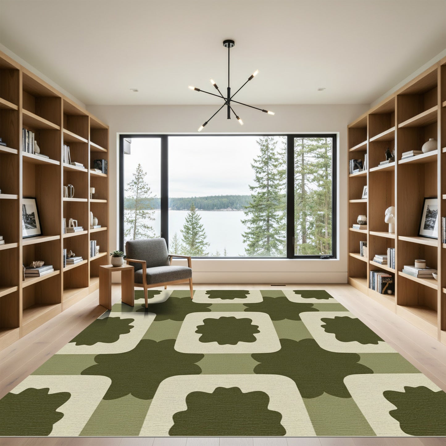 Olive Green Abstract Floral Squares Rug