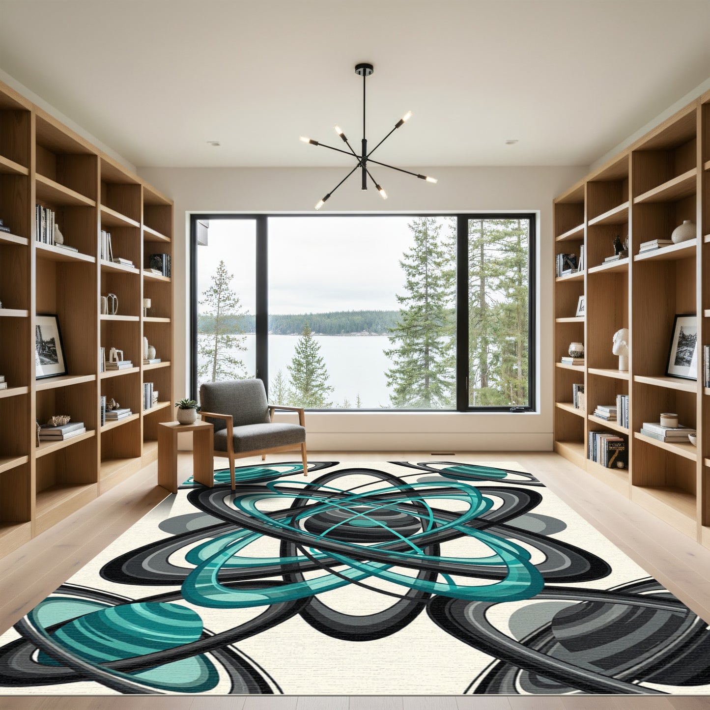 Abstract Teal and Charcoal Orbital Sphere Rug