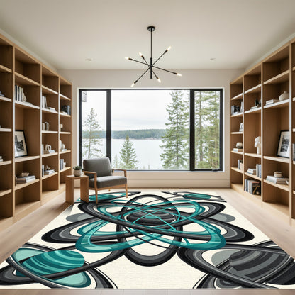 Abstract Teal and Charcoal Orbital Sphere Rug