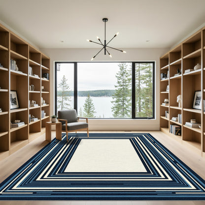 Deep Blue Layered Geometric Frame Rug