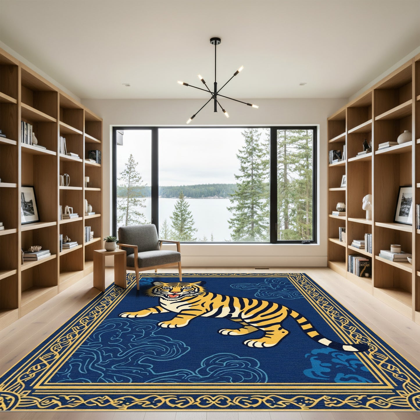 Golden Tiger With Blue Clouds Border Rug