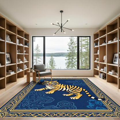 Golden Tiger With Blue Clouds Border Rug