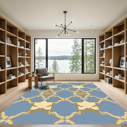 Blue Gold Intricate Geometric Lattice Rug