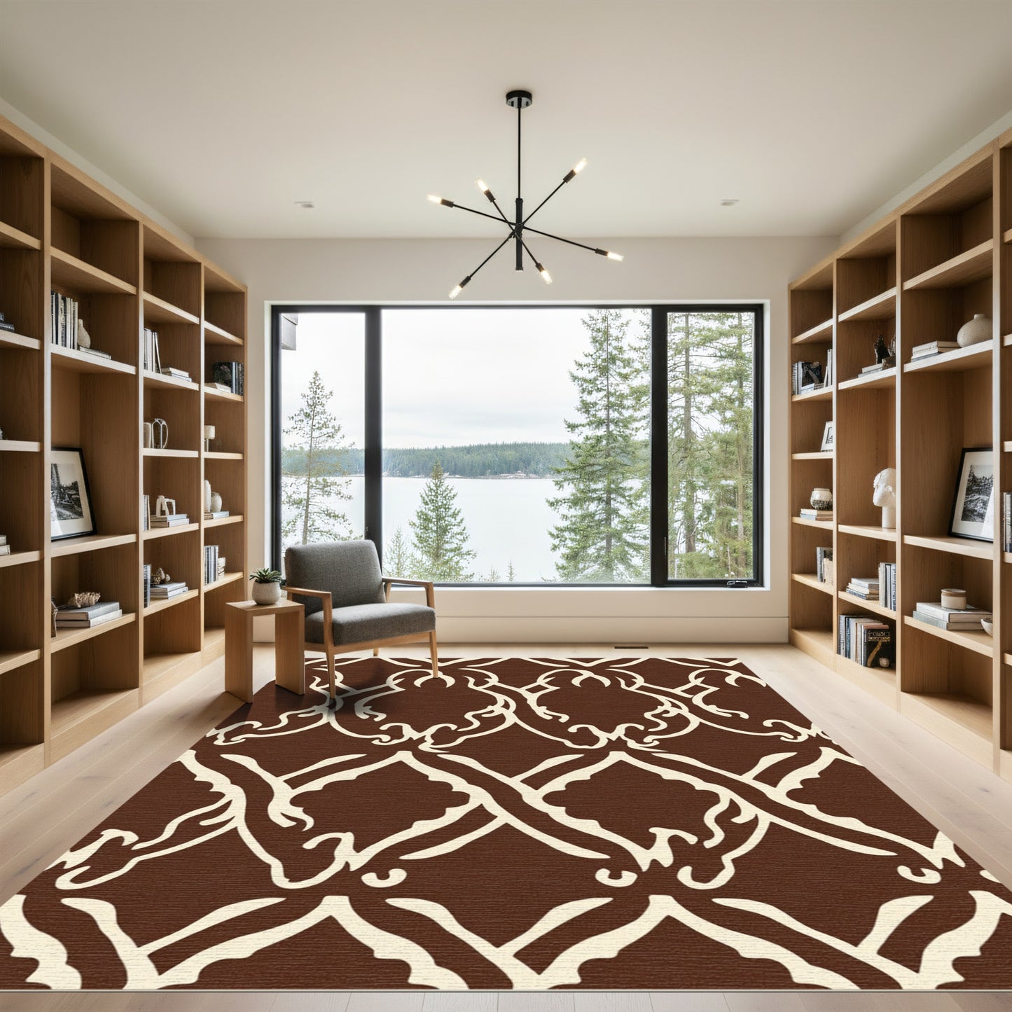Rich Brown Ivory Lattice Scroll Rug